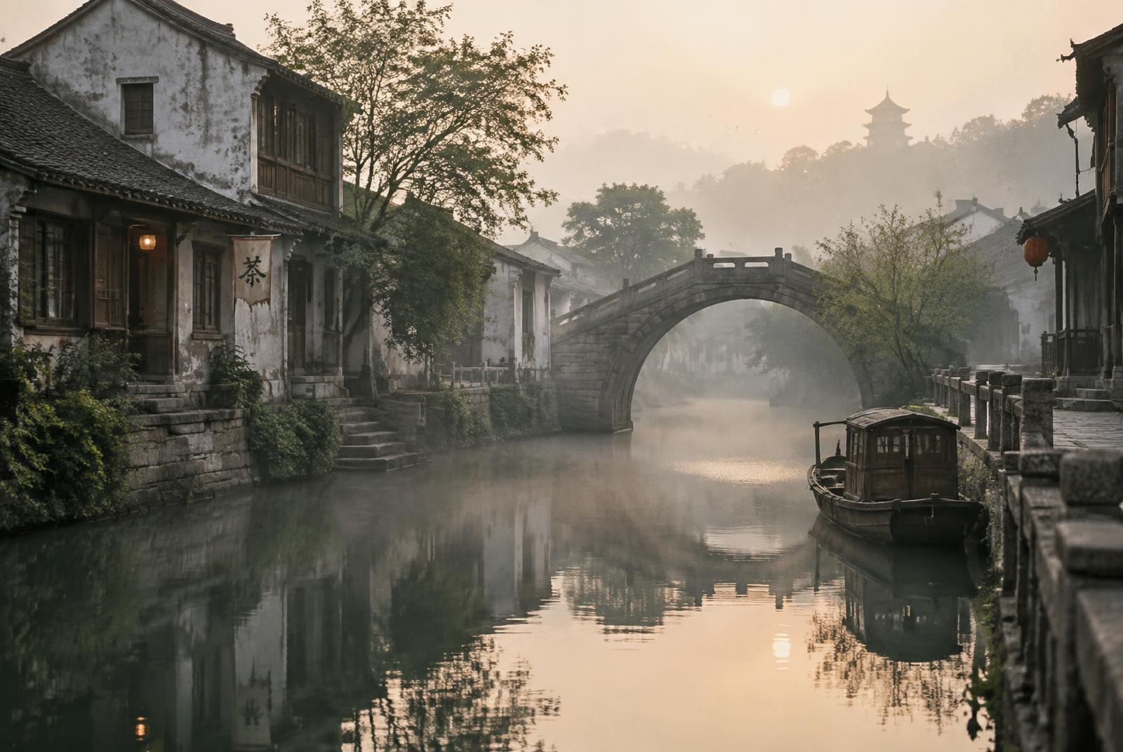 A stone bridge over a misty canal at dawn